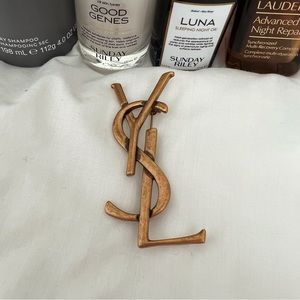 YSL Gold Antiqued Logo Vintage Brooch